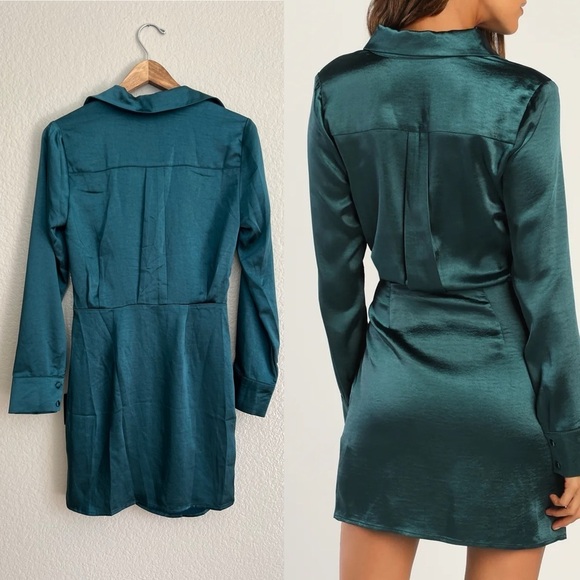 NWT Stylish Taste Dark Teal Satin Collared Long Sleeve Mini Dress - Picture 3 of 9